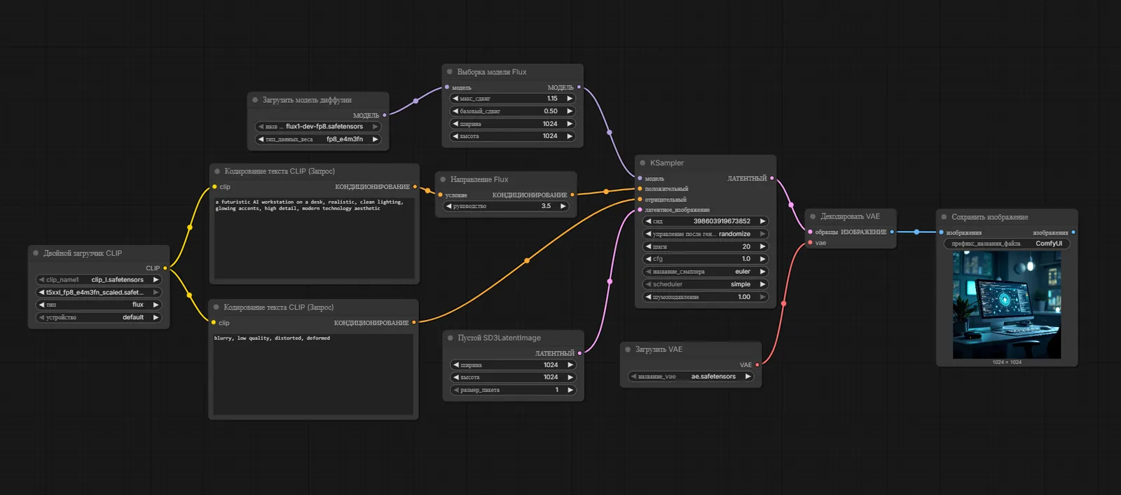 Рабочий граф ComfyUI для FLUX: загрузчики модели, CLIP и VAE, ноды KSampler и FluxGuidance